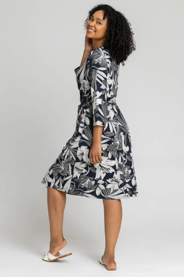 Women Navy Petite Floral Lily Print Belted Wrap Dress Roman Dresses