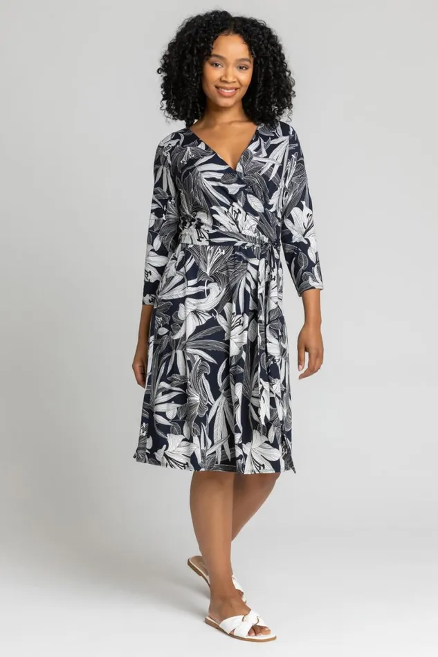 Women Navy Petite Floral Lily Print Belted Wrap Dress Roman Dresses