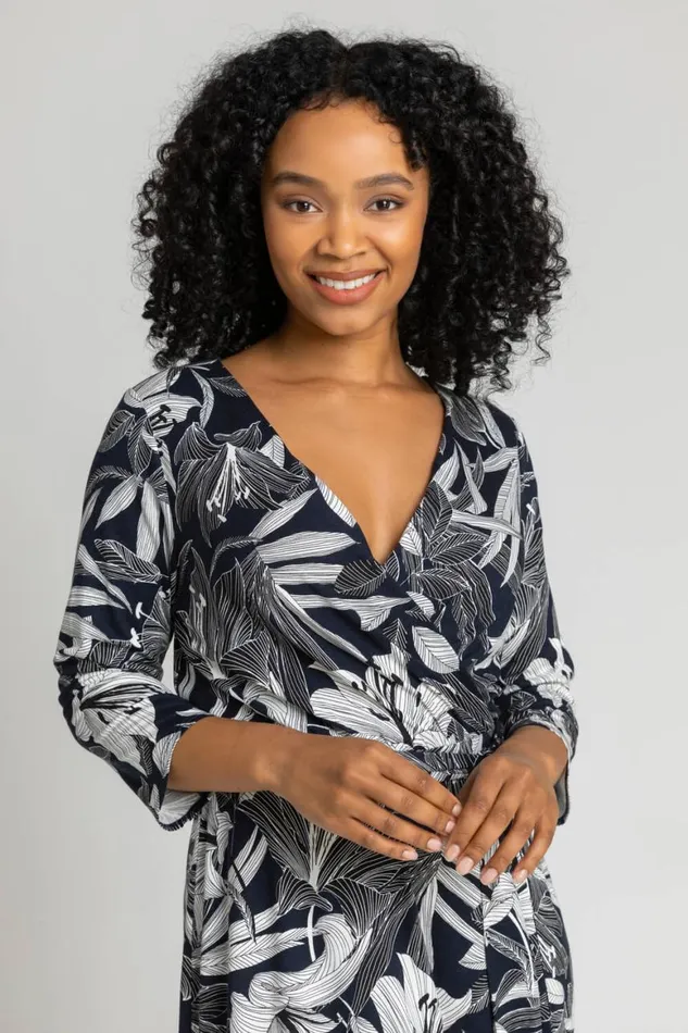 Women Navy Petite Floral Lily Print Belted Wrap Dress Roman Dresses