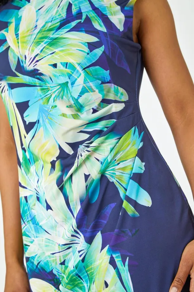 Women Navy Petite Floral Print Ruched Dress Roman Dresses