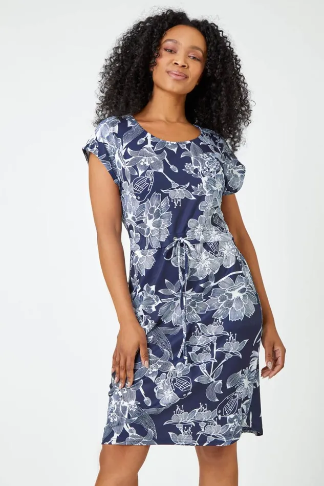 Women Navy Petite Floral Print Stretch Dress Roman Dresses