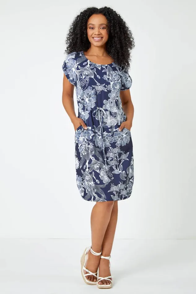 Women Navy Petite Floral Print Stretch Dress Roman Dresses
