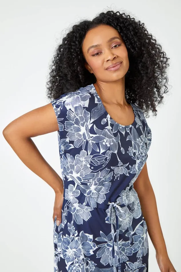 Women Navy Petite Floral Print Stretch Dress Roman Dresses