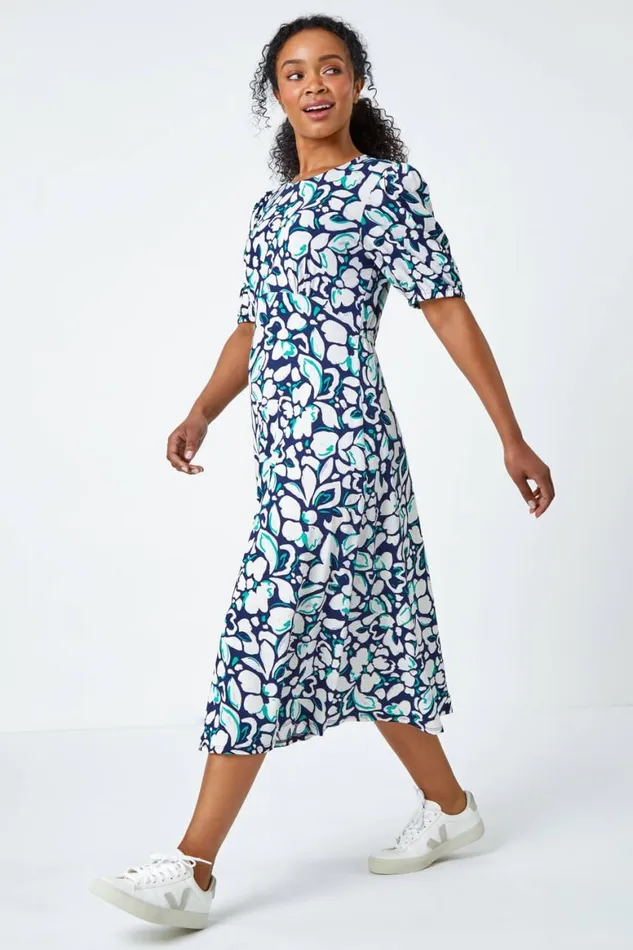 Women Navy Petite Floral Stretch Midi Dress Roman Dresses