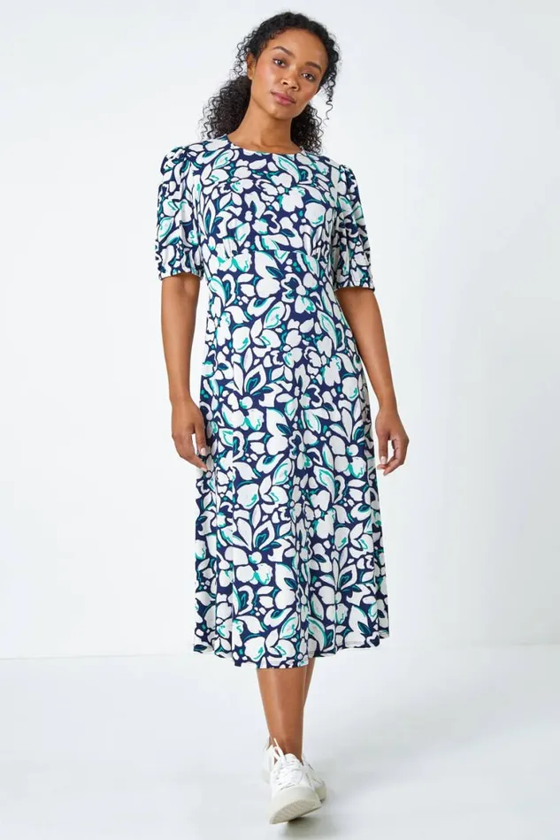 Women Navy Petite Floral Stretch Midi Dress Roman Dresses