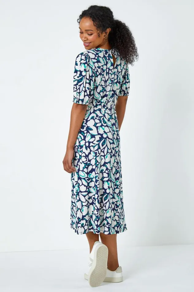 Women Navy Petite Floral Stretch Midi Dress Roman Dresses