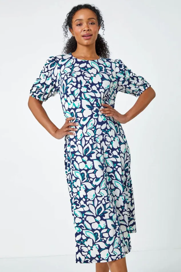 Women Navy Petite Floral Stretch Midi Dress Roman Dresses