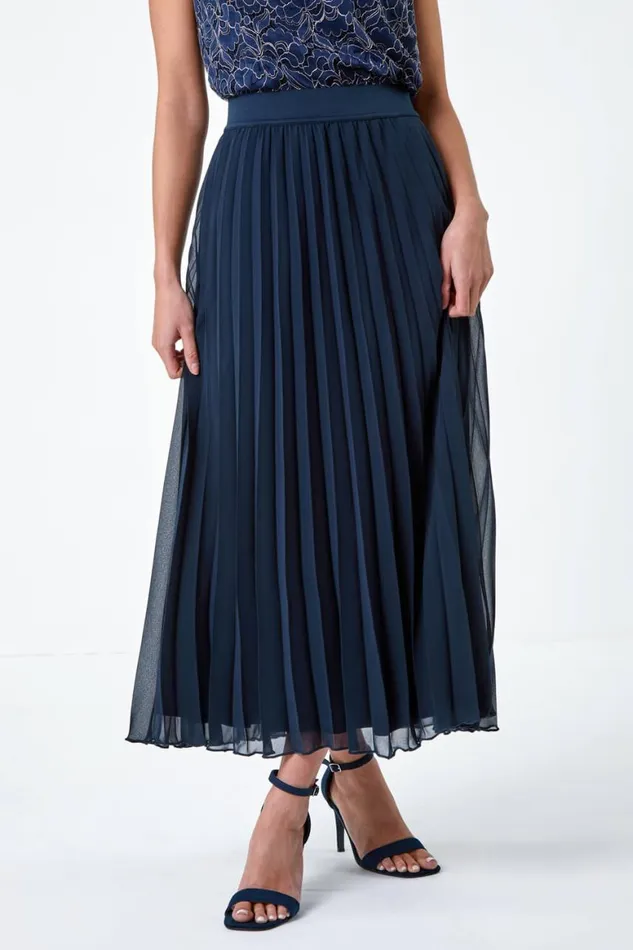 Women Navy Petite Pleated Elastic Waist Maxi Skirt Roman Skirts