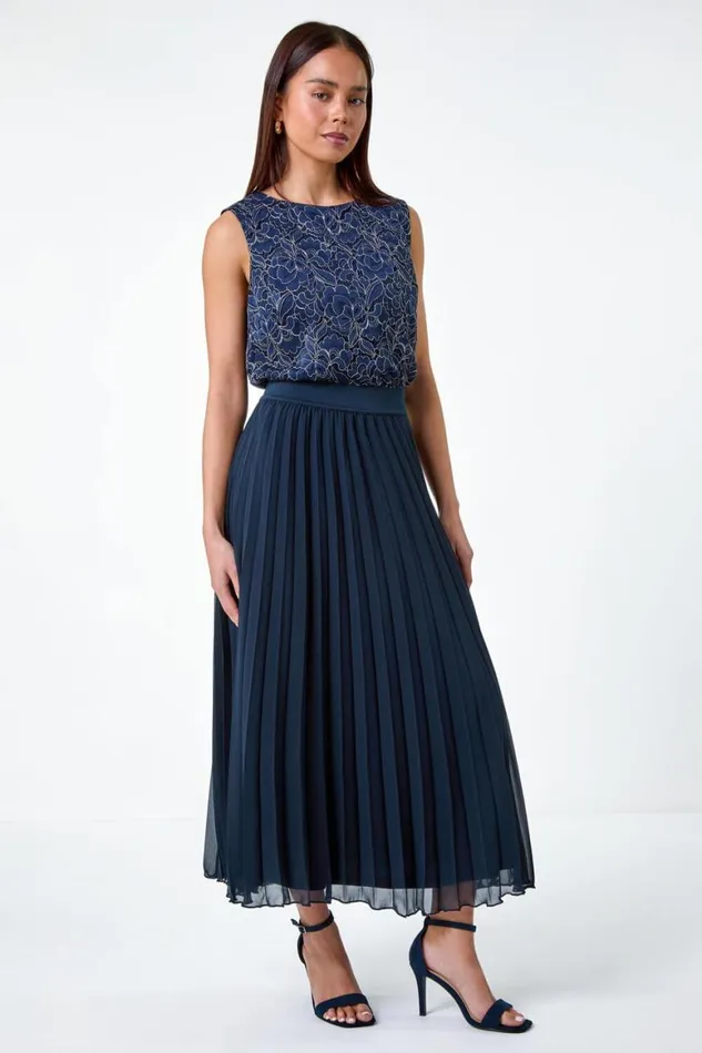 Women Navy Petite Pleated Elastic Waist Maxi Skirt Roman Skirts