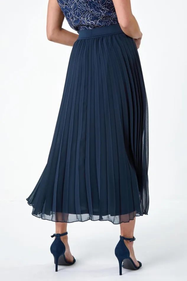 Women Navy Petite Pleated Elastic Waist Maxi Skirt Roman Skirts