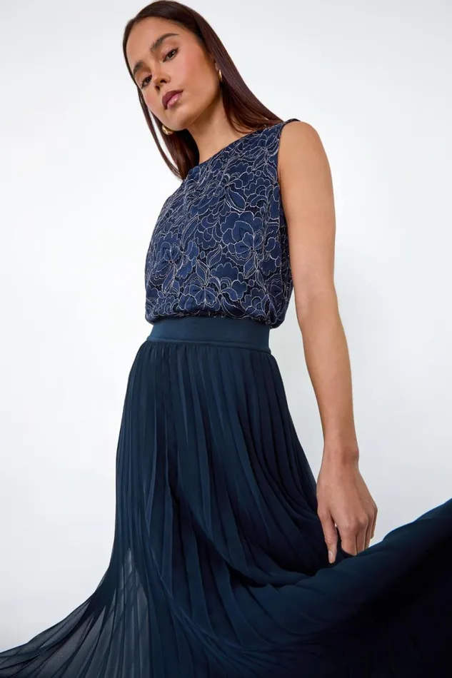 Women Navy Petite Pleated Elastic Waist Maxi Skirt Roman Skirts