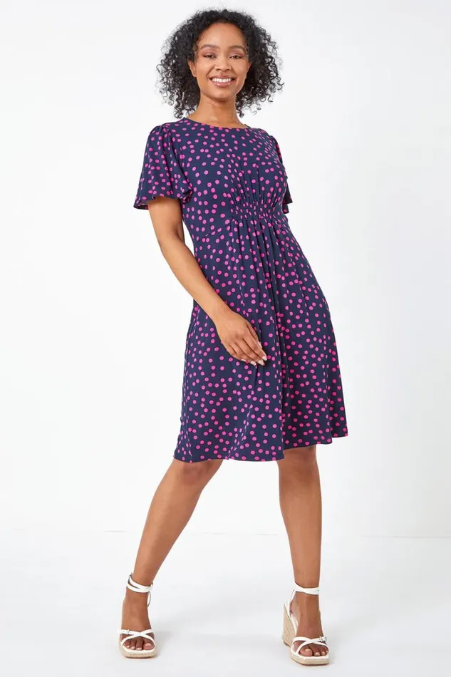 Women Navy Petite Polka Dot Stretch Tea Dress Roman Dresses