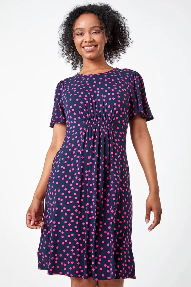 Women Navy Petite Polka Dot Stretch Tea Dress Roman Dresses