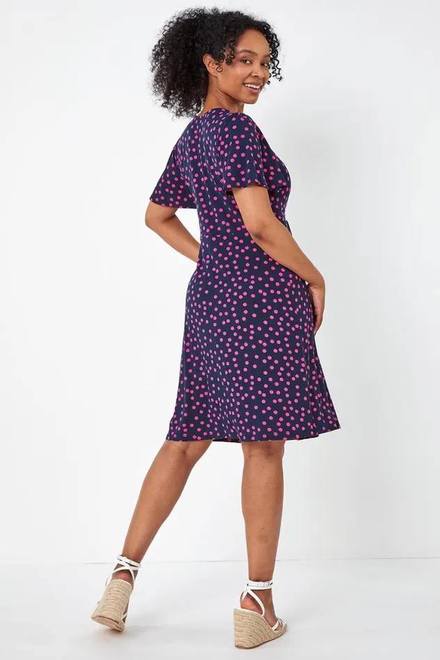 Women Navy Petite Polka Dot Stretch Tea Dress Roman Dresses