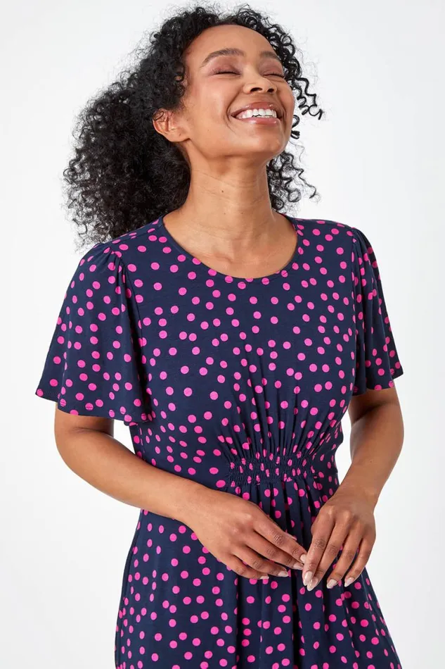 Women Navy Petite Polka Dot Stretch Tea Dress Roman Dresses
