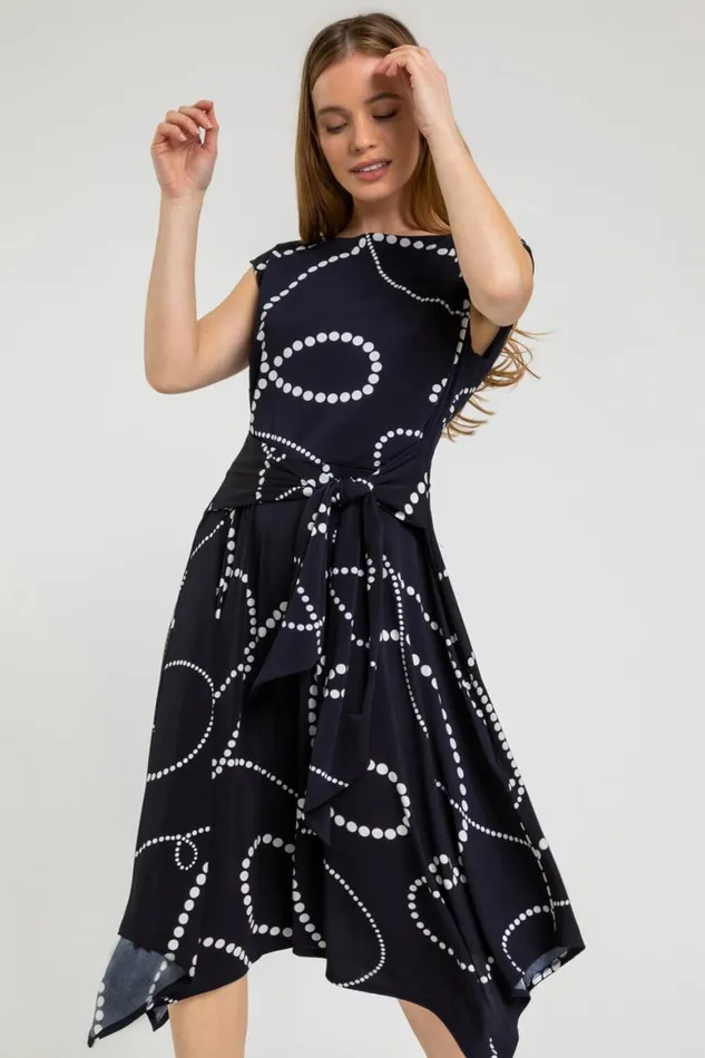 Women Navy Petite Spot Print Tie Waist Dress Roman Dresses