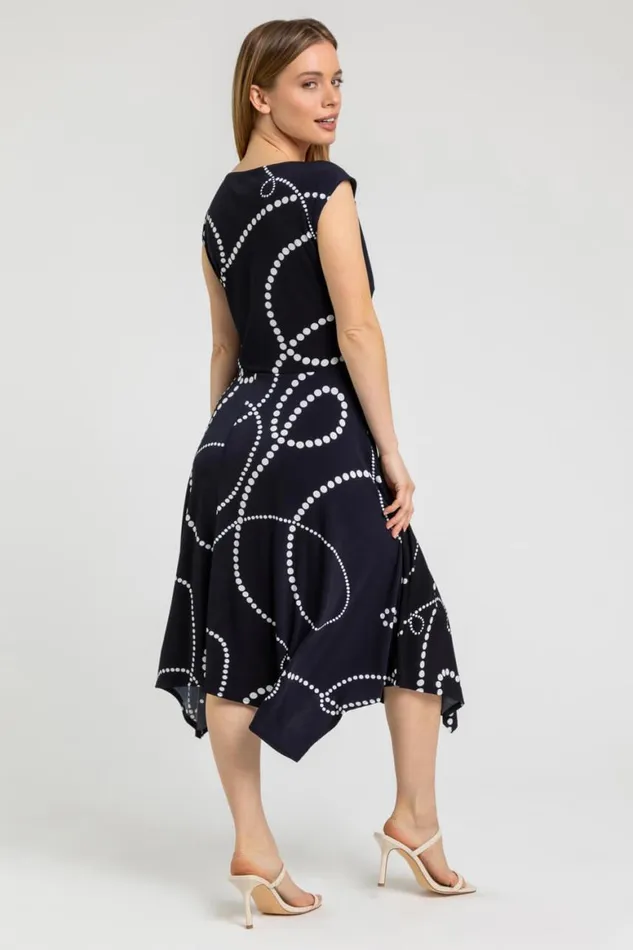 Women Navy Petite Spot Print Tie Waist Dress Roman Dresses