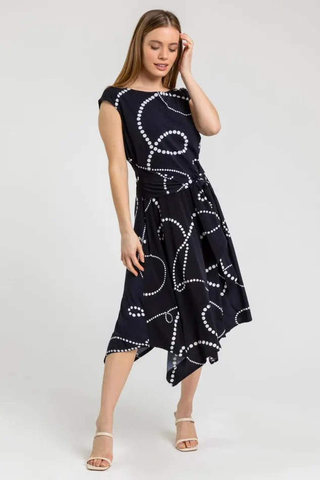 Women Navy Petite Spot Print Tie Waist Dress Roman Dresses