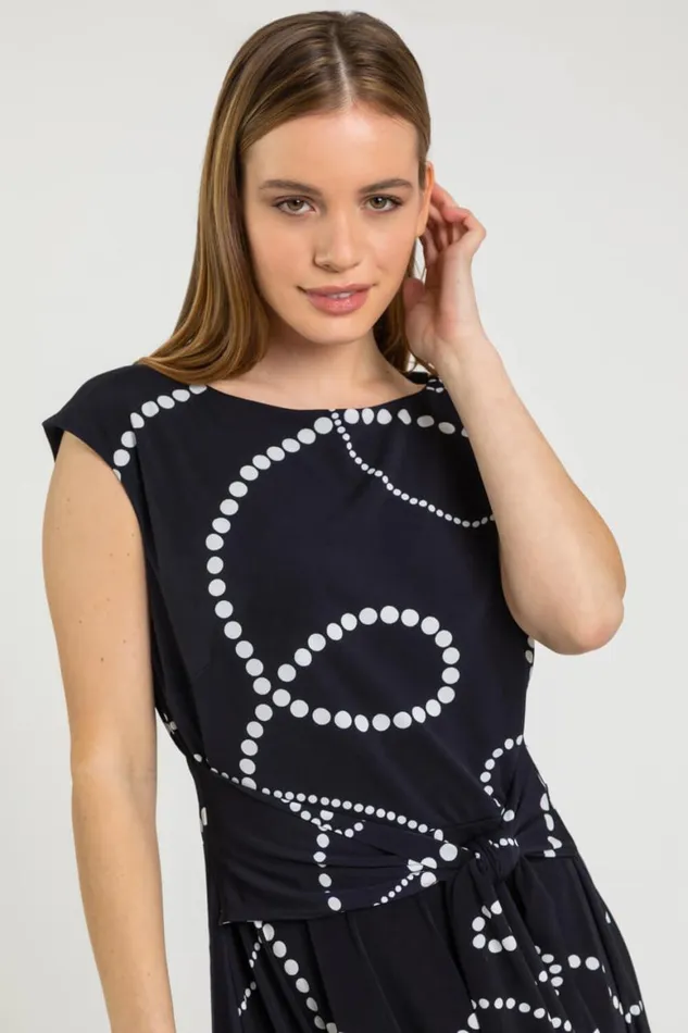 Women Navy Petite Spot Print Tie Waist Dress Roman Dresses