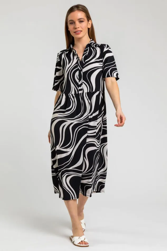 Women Navy Petite Swirl Print Shirt Dress Roman Dresses