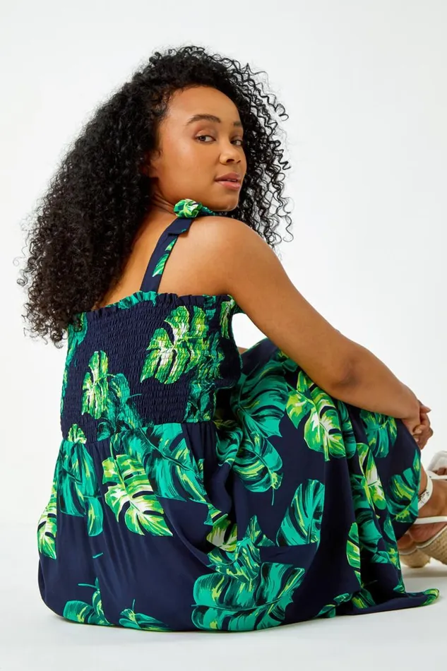 Women Navy Petite Tropical Print Shirred Maxi Dress Roman Dresses