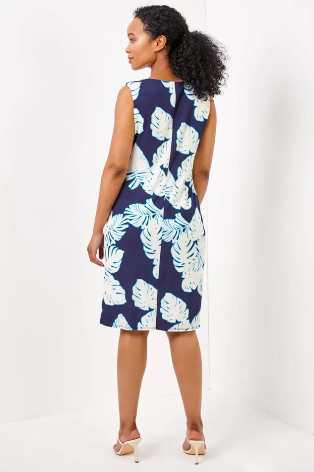 Women Navy Petite Tropical Print Twist Waist Tunic Dress Roman Dresses