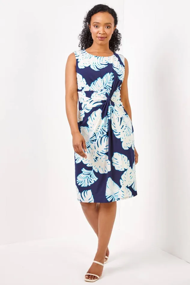 Women Navy Petite Tropical Print Twist Waist Tunic Dress Roman Dresses