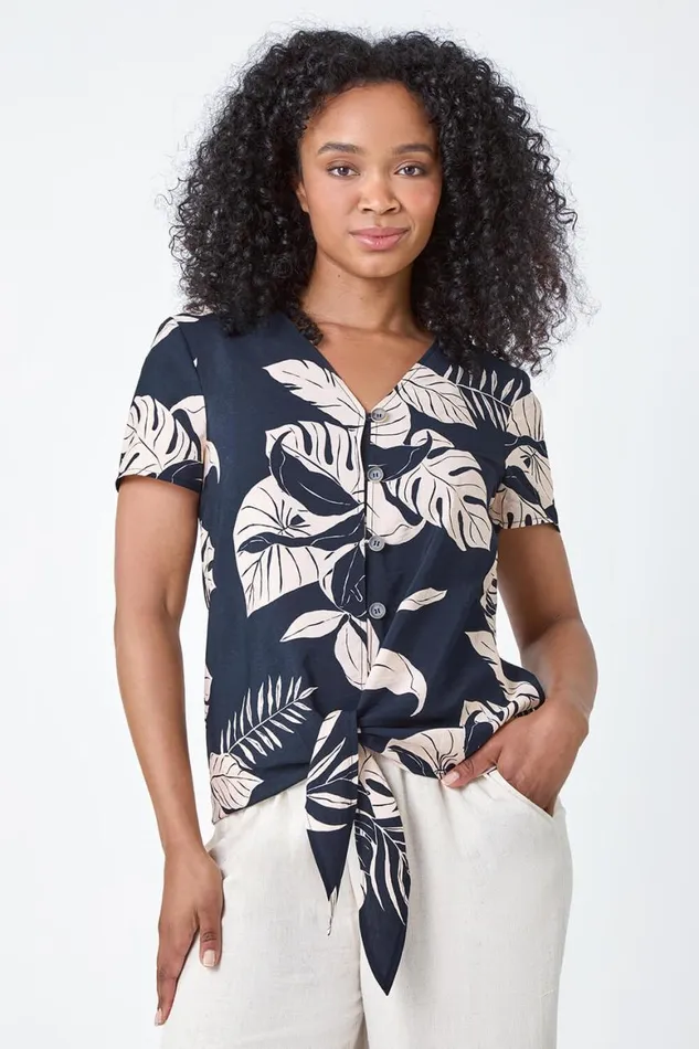 Women Navy Petite Tropical Tie Detail Top Roman Tops