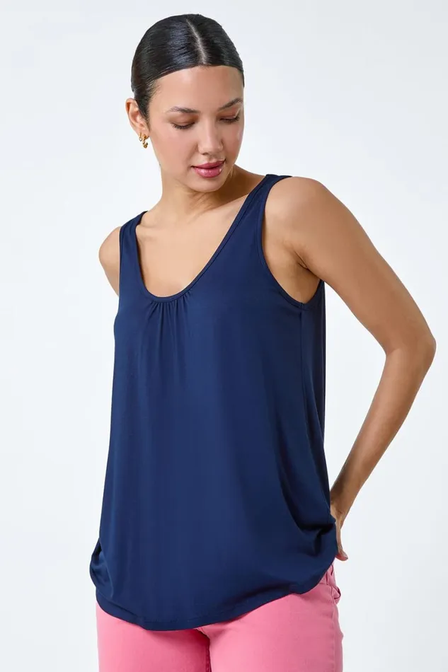 Women Navy Plain VNeck Stretch Jersey Vest Top Roman Tops
