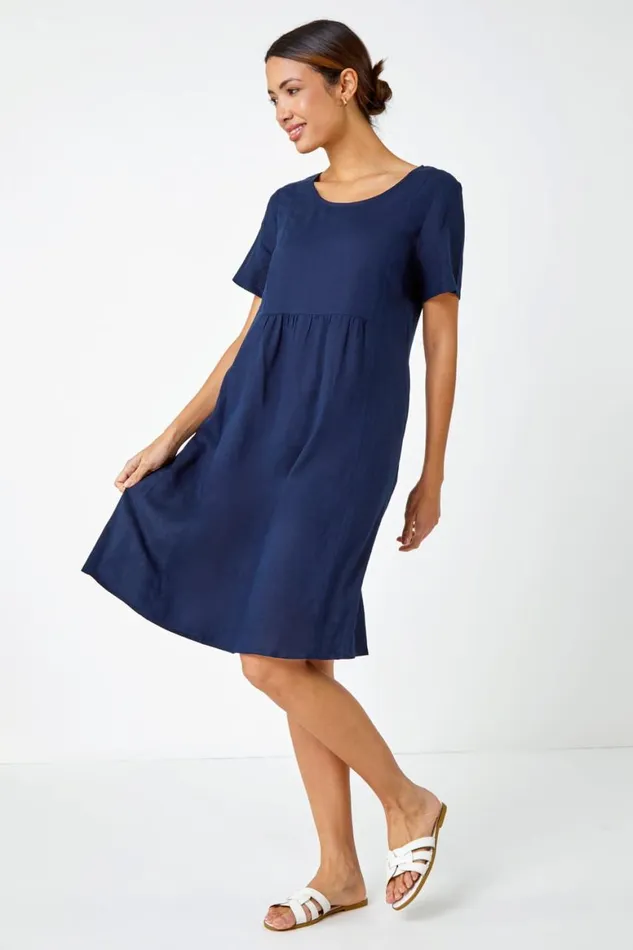 Women Navy Relaxed Cotton Blend Pocket Dress Roman Dresses