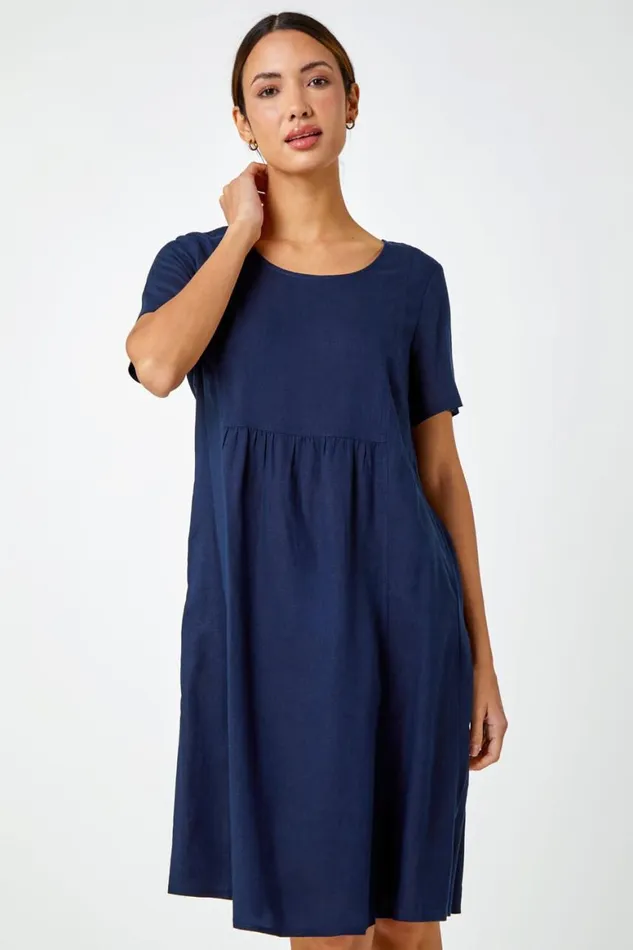 Women Navy Relaxed Cotton Blend Pocket Dress Roman Dresses