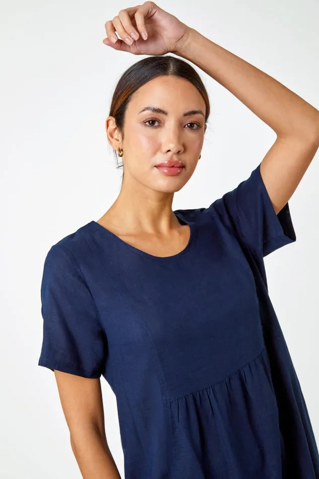 Women Navy Relaxed Cotton Blend Pocket Dress Roman Dresses