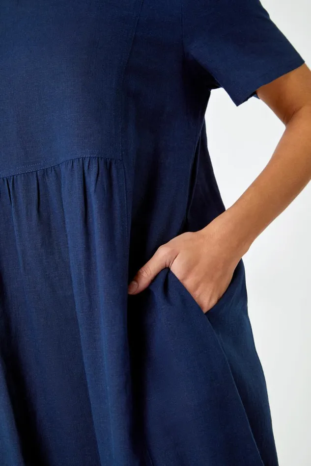 Women Navy Relaxed Cotton Blend Pocket Dress Roman Dresses