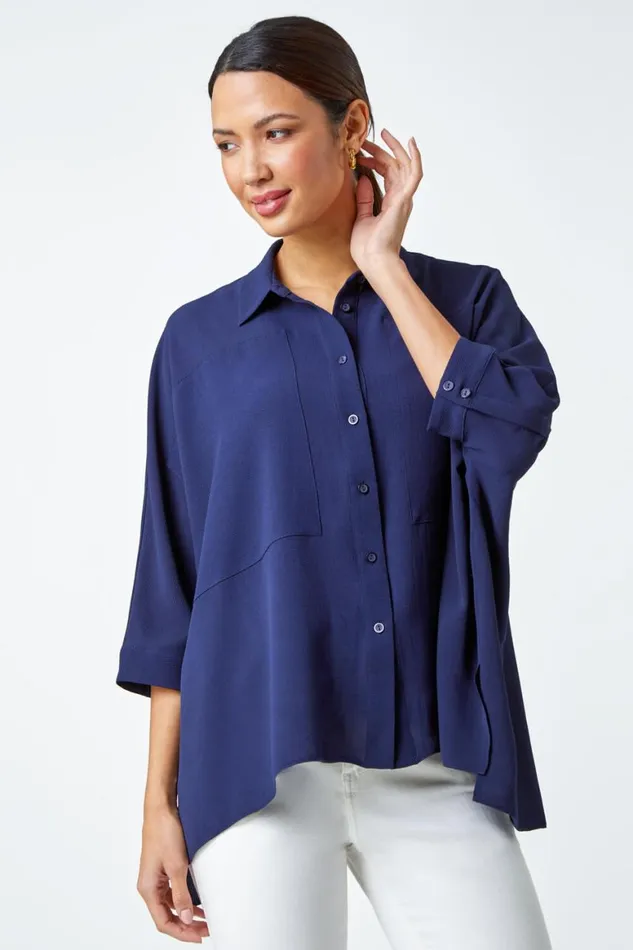 Women Navy Relaxed Smart Stretch Shirt Roman Tops