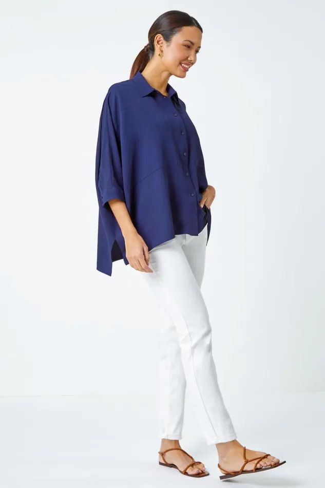 Women Navy Relaxed Smart Stretch Shirt Roman Tops