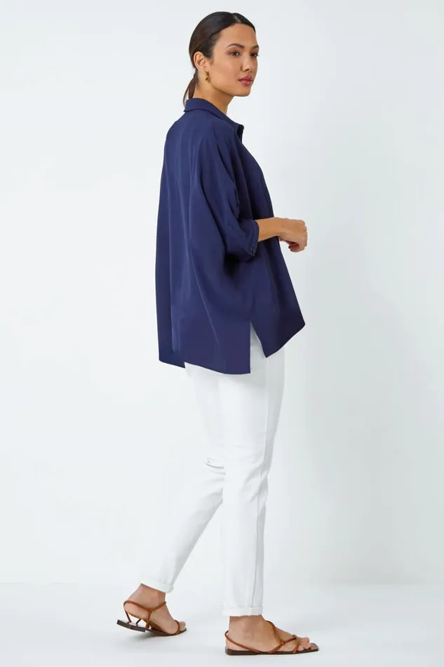 Women Navy Relaxed Smart Stretch Shirt Roman Tops