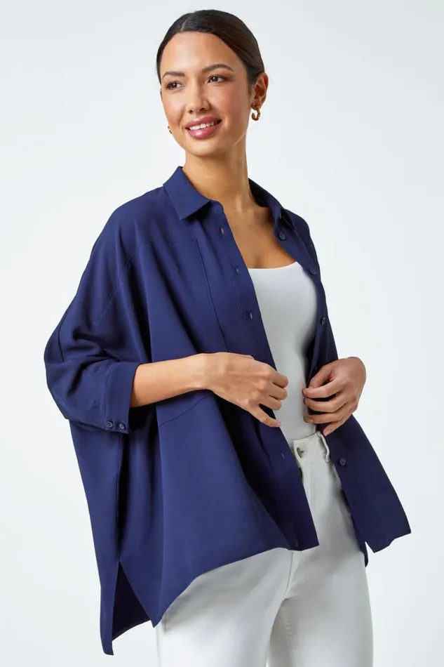 Women Navy Relaxed Smart Stretch Shirt Roman Tops