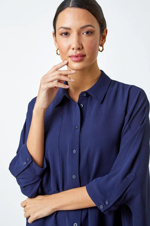 Women Navy Relaxed Smart Stretch Shirt Roman Tops