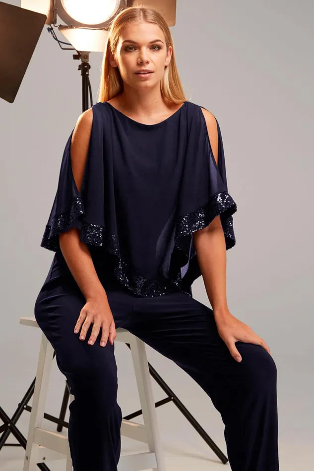 Women Navy Sequin Trim Overlay Jumpsuit Roman Dresses