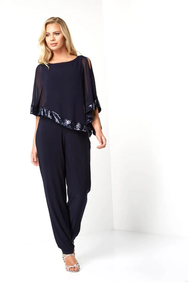 Women Navy Sequin Trim Overlay Jumpsuit Roman Dresses