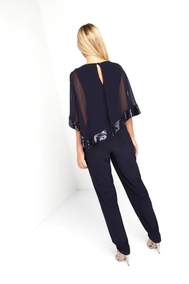 Women Navy Sequin Trim Overlay Jumpsuit Roman Dresses