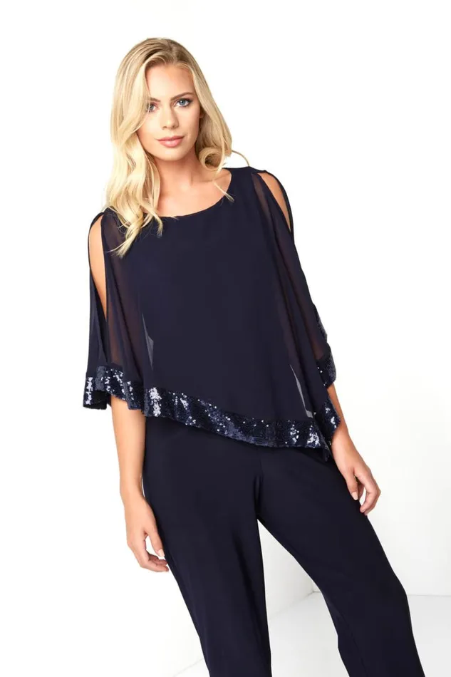 Women Navy Sequin Trim Overlay Jumpsuit Roman Dresses