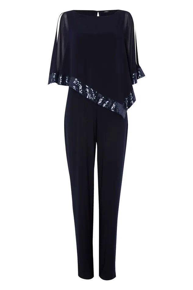 Women Navy Sequin Trim Overlay Jumpsuit Roman Dresses