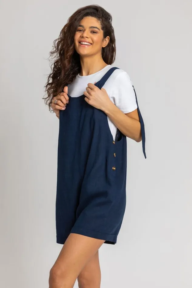 Women Navy Shoulder Tie Cotton Playsuit Roman Dresses