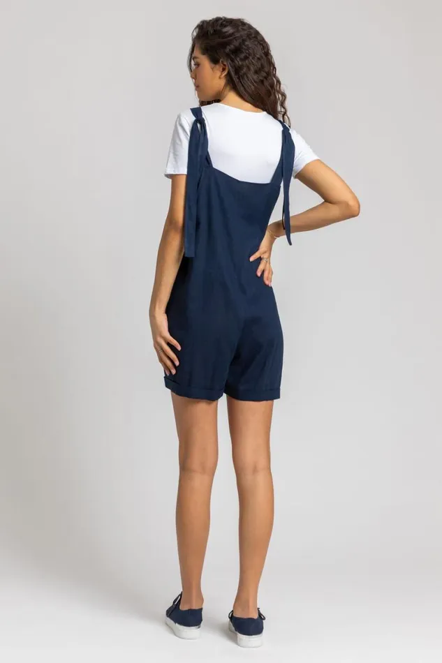 Women Navy Shoulder Tie Cotton Playsuit Roman Dresses