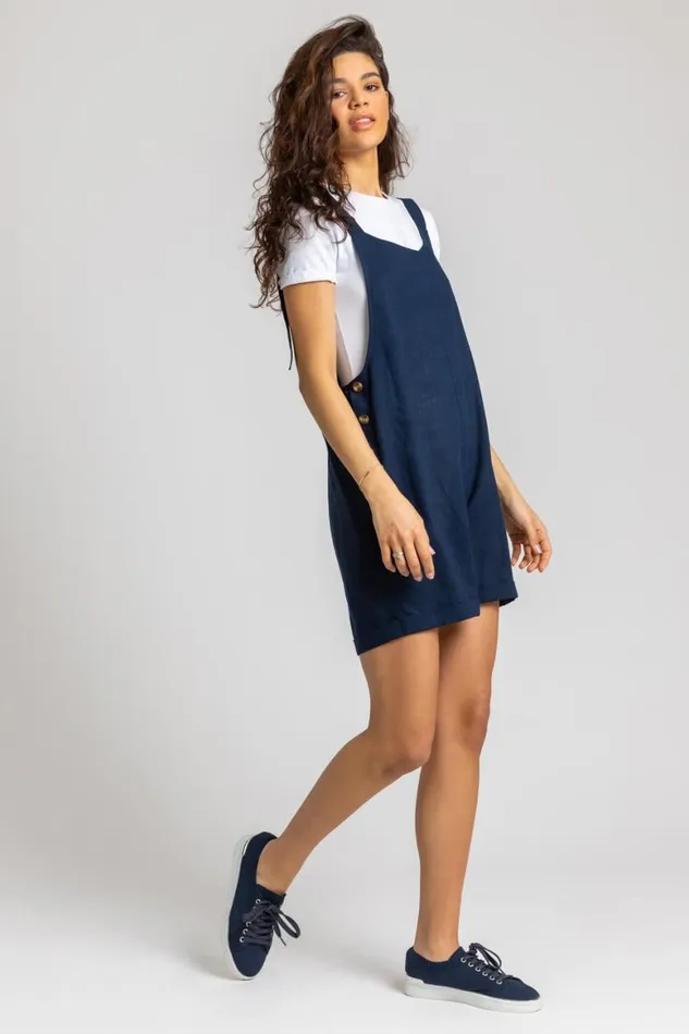 Women Navy Shoulder Tie Cotton Playsuit Roman Dresses