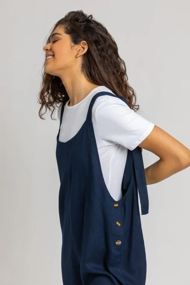 Women Navy Shoulder Tie Cotton Playsuit Roman Dresses