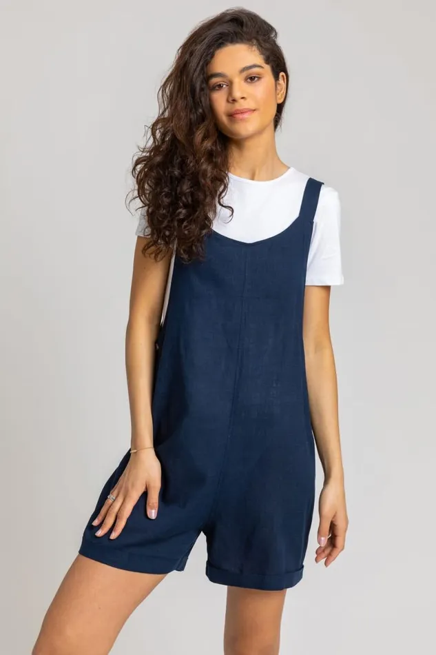 Women Navy Shoulder Tie Cotton Playsuit Roman Dresses