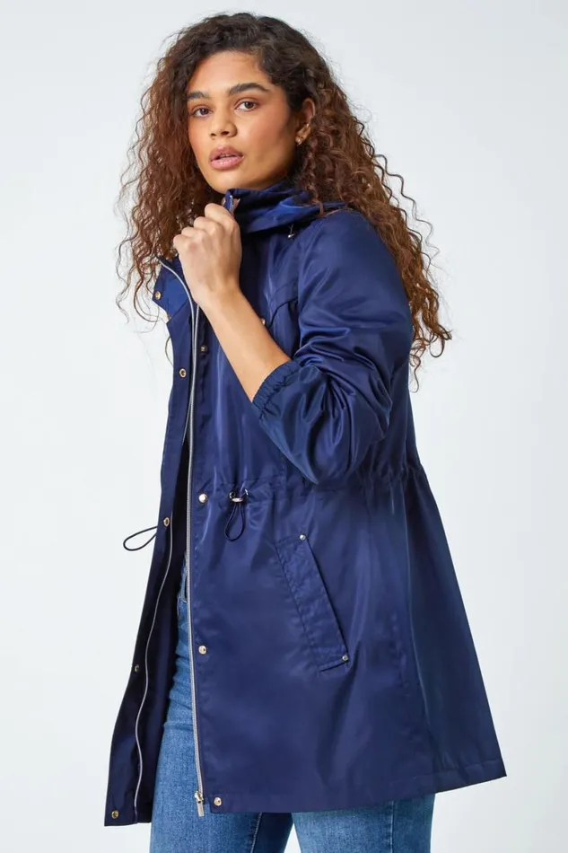 Women Navy Shower Resistant Longline Jacket Roman Jackets