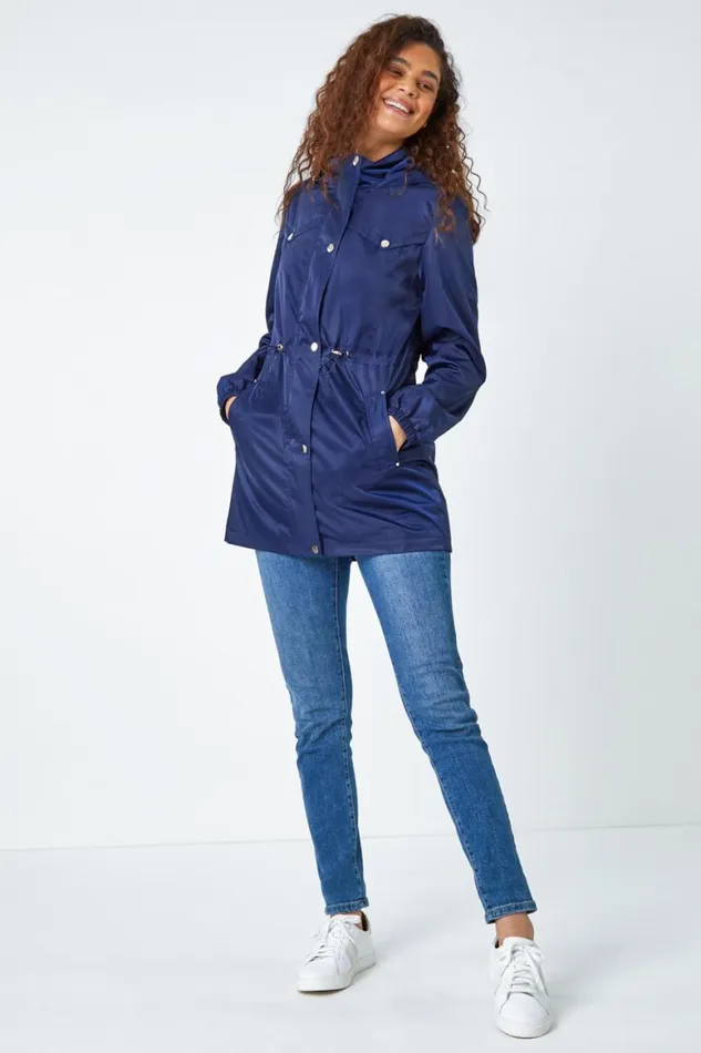 Women Navy Shower Resistant Longline Jacket Roman Jackets